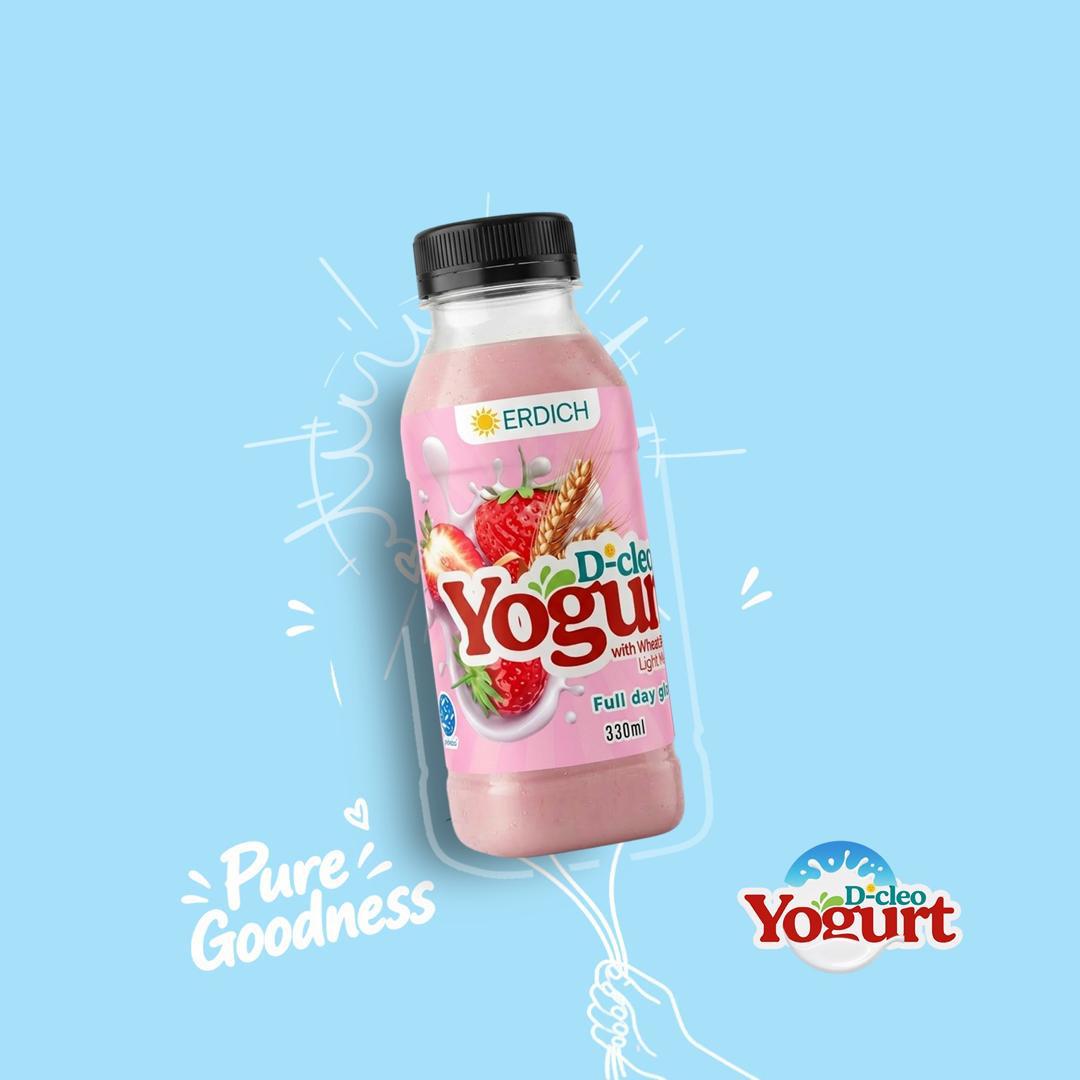 A bottle of D-cleo strawberry yogurt with wheat berries on a sky-blue background with the words Pure Goodness