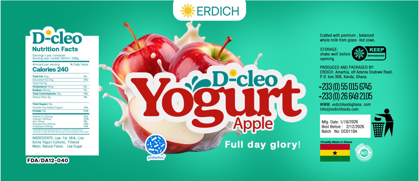 The full D-cleo Apple Yogurt bottle label